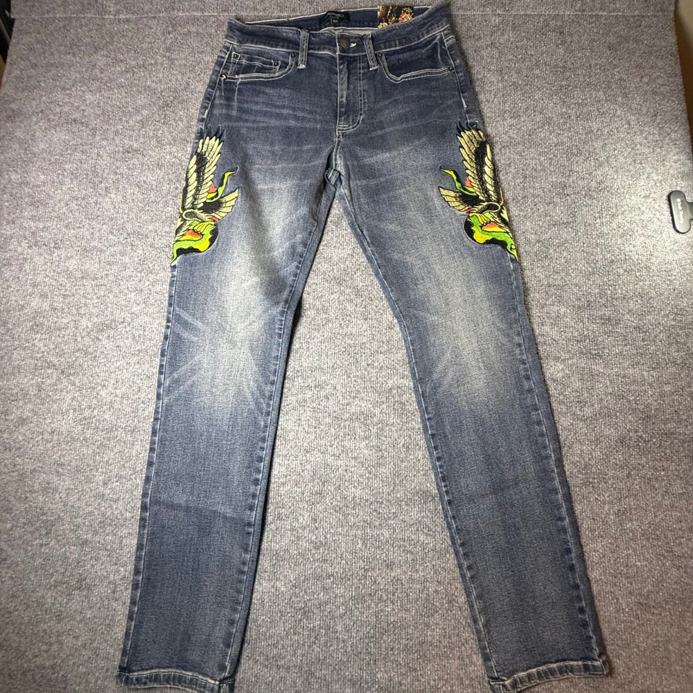 Ed Hardy Slim Straight Jeans Mens 30 Medium Wash Embroidered Eagle Snake Y2K